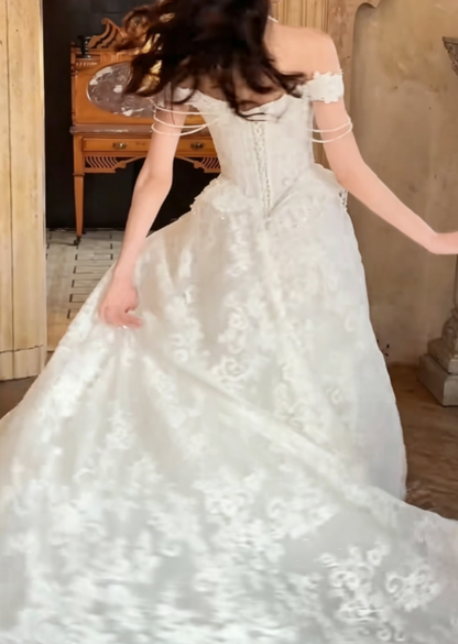Unique Off-Shoulder Beading Wedding Dress Lace Tassel A-Line Bridal Dress GG6310