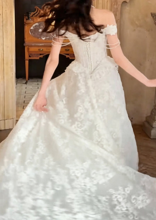 Unique Off-Shoulder Beading Wedding Dress Lace Tassel A-Line Bridal Dress GG6310