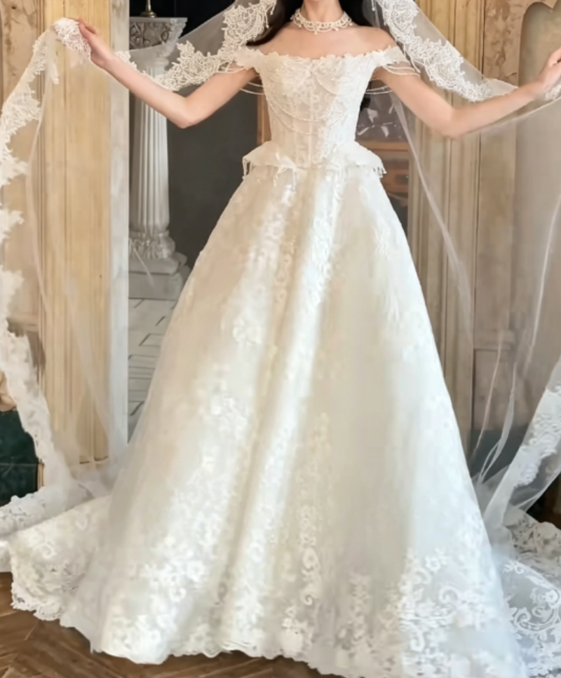 Unique Off-Shoulder Beading Wedding Dress Lace Tassel A-Line Bridal Dress GG6310