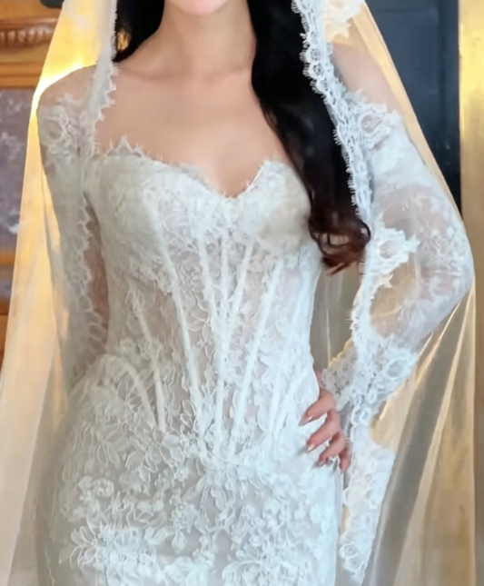 Elegant Off-Shoulder Lace Wedding Dress Long Sleeves Mermaid Bridal Dress GG6311