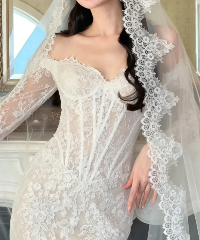 Elegant Off-Shoulder Lace Wedding Dress Long Sleeves Mermaid Bridal Dress GG6311