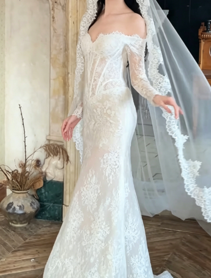 Elegant Off-Shoulder Lace Wedding Dress Long Sleeves Mermaid Bridal Dress GG6311