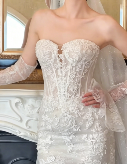 Glamorous Strapless Lace Wedding Dress With Sleeves Sequins Mermaid Bridal Dress GG6313