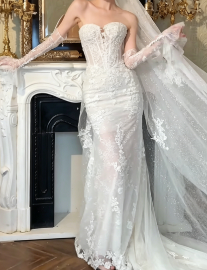 Glamorous Strapless Lace Wedding Dress With Sleeves Sequins Mermaid Bridal Dress GG6313