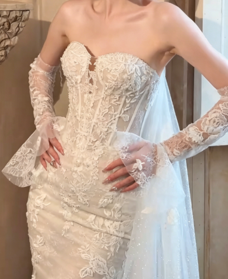 Glamorous Strapless Lace Wedding Dress With Sleeves Sequins Mermaid Bridal Dress GG6313