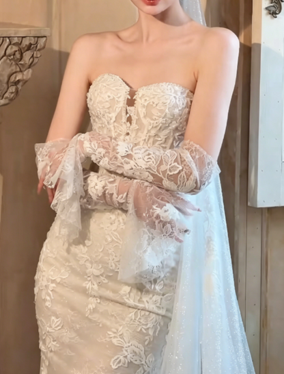 Glamorous Strapless Lace Wedding Dress With Sleeves Sequins Mermaid Bridal Dress GG6313