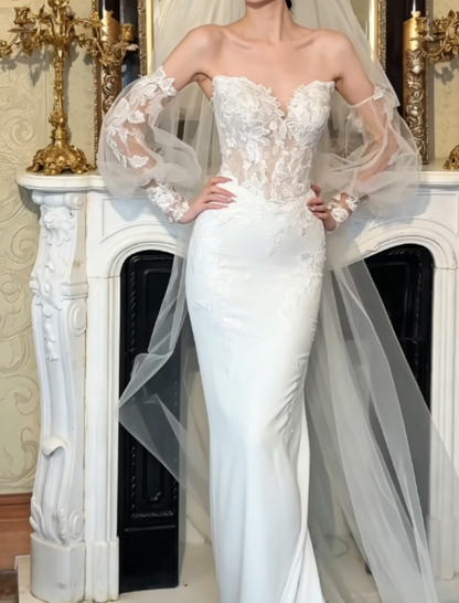 Fascinating Strapless Wedding Dress With Sleeves Appliques Satin Mermaid Bridal Dress GG6314