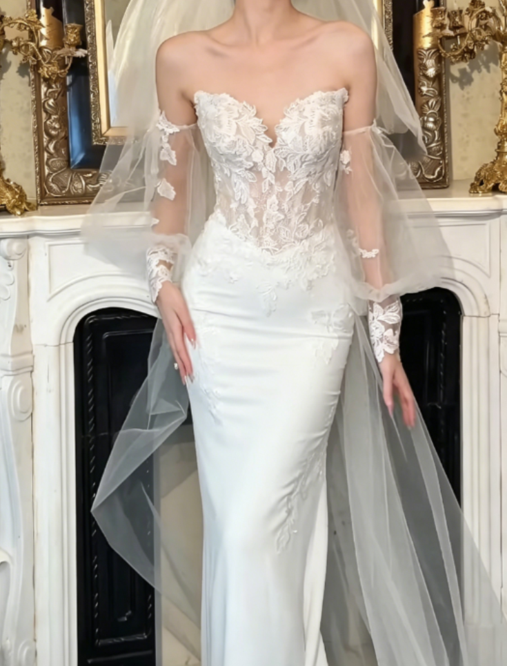 Fascinating Strapless Wedding Dress With Sleeves Appliques Satin Mermaid Bridal Dress GG6314