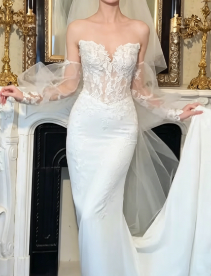 Fascinating Strapless Wedding Dress With Sleeves Appliques Satin Mermaid Bridal Dress GG6314