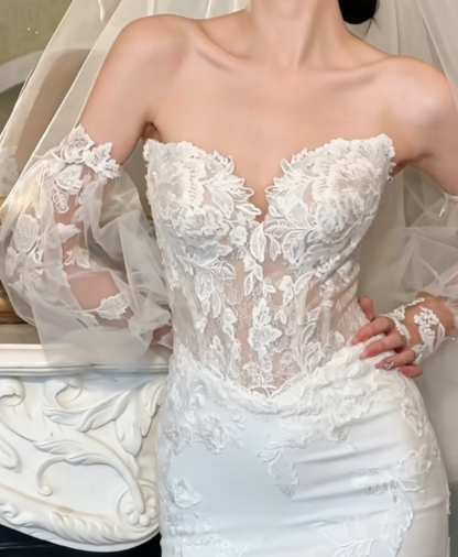 Fascinating Strapless Wedding Dress With Sleeves Appliques Satin Mermaid Bridal Dress GG6314