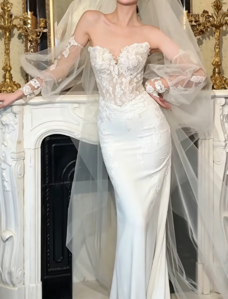 Fascinating Strapless Wedding Dress With Sleeves Appliques Satin Mermaid Bridal Dress GG6314