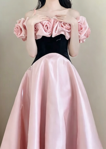 Lustrous Off-Shoulder Pink Prom Dress 3D Floral Beads A-Line Evening Dress GG6318