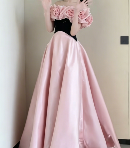 Lustrous Off-Shoulder Pink Prom Dress 3D Floral Beads A-Line Evening Dress GG6318