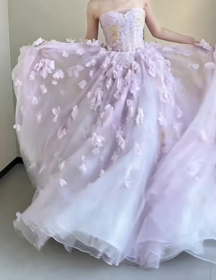 Ethereal Strapless Purple Prom Dress Appliques Tulle A-Line Evening Dress GG6319