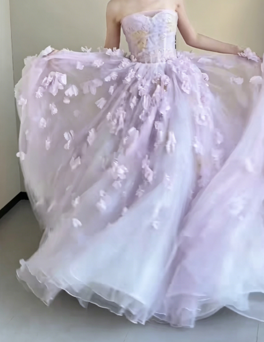 Ethereal Strapless Purple Prom Dress Appliques Tulle A-Line Evening Dress GG6319