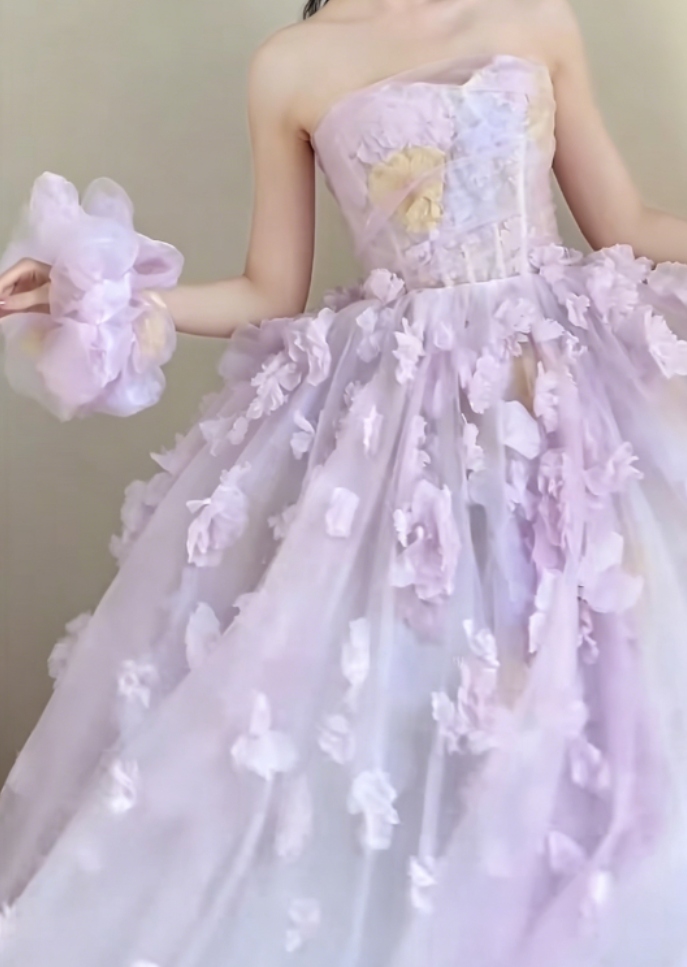 Ethereal Strapless Purple Prom Dress Appliques Tulle A-Line Evening Dress GG6319