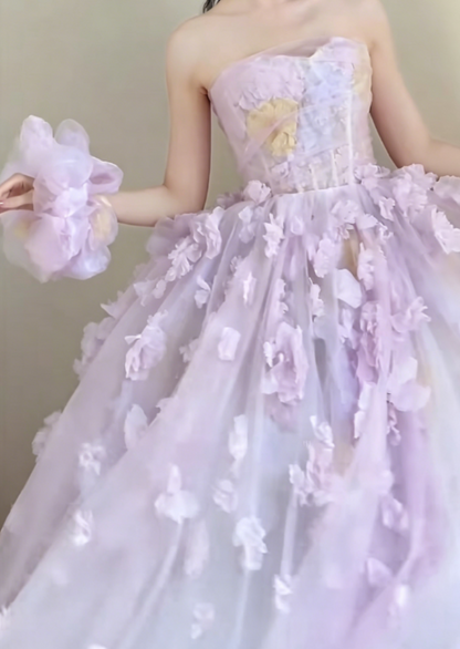 Ethereal Strapless Purple Prom Dress Appliques Tulle A-Line Evening Dress GG6319