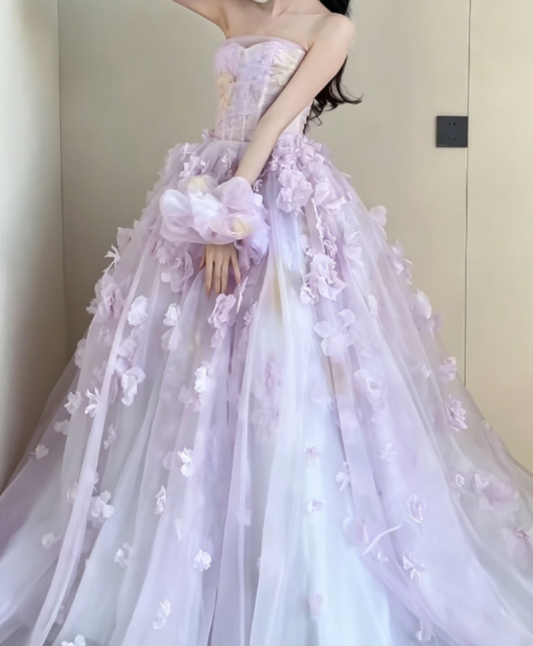 Ethereal Strapless Purple Prom Dress Appliques Tulle A-Line Evening Dress GG6319