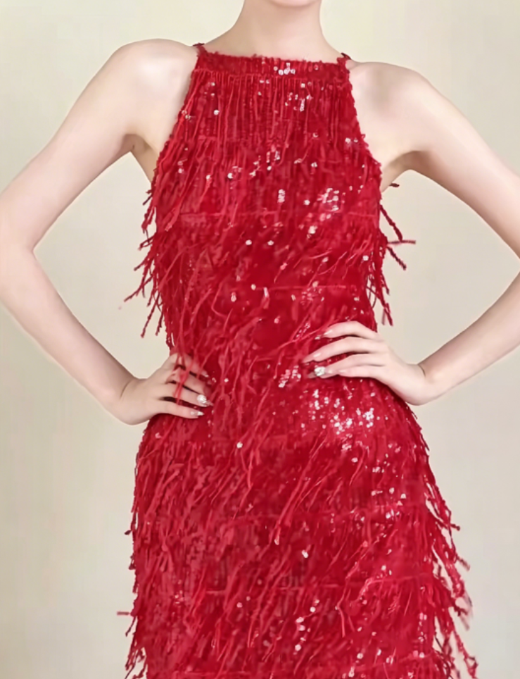 Glittering Halter Neck Red Prom Dress Sequins Tassel Sheath Evening Dress GG6320