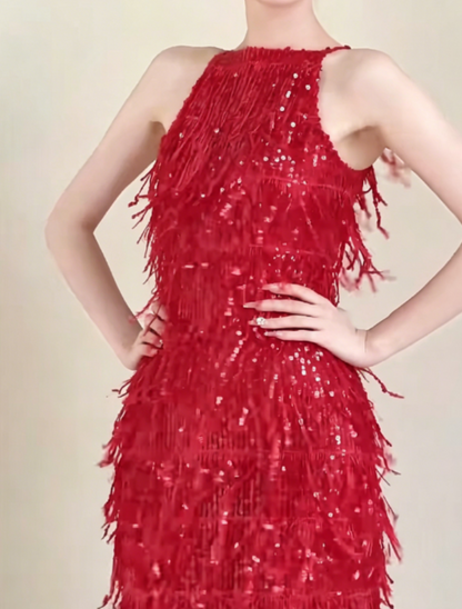 Glittering Halter Neck Red Prom Dress Sequins Tassel Sheath Evening Dress GG6320