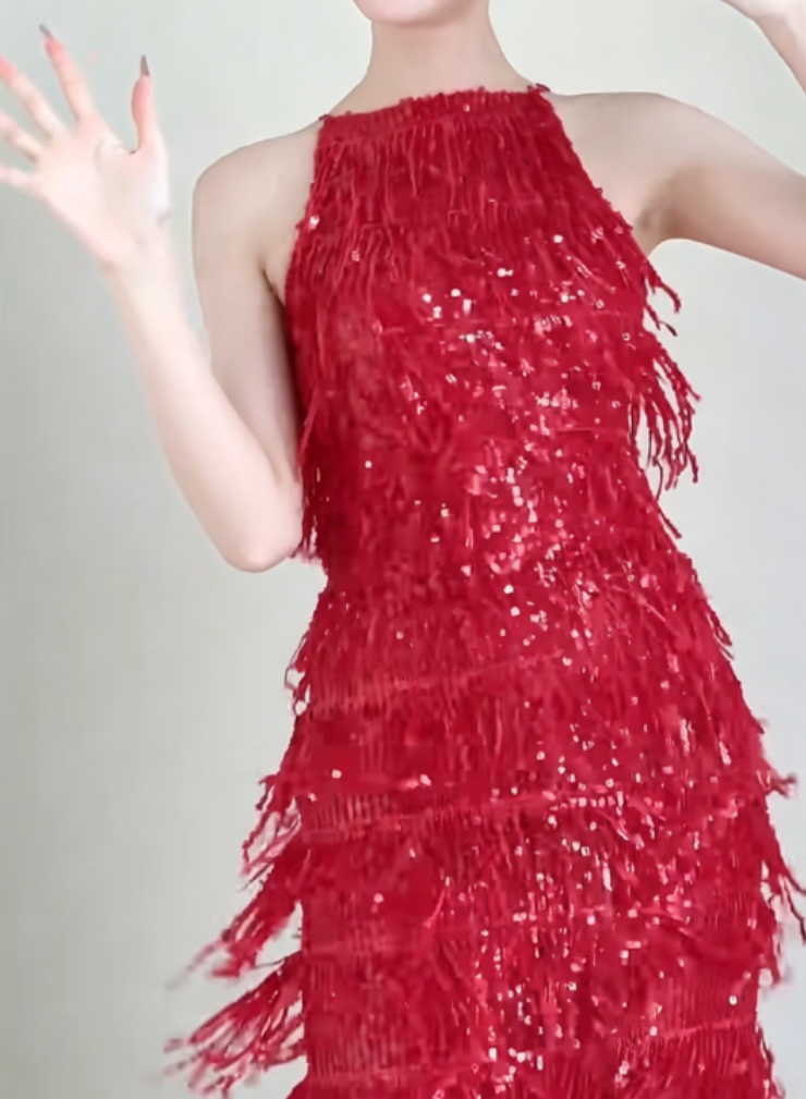 Glittering Halter Neck Red Prom Dress Sequins Tassel Sheath Evening Dress GG6320