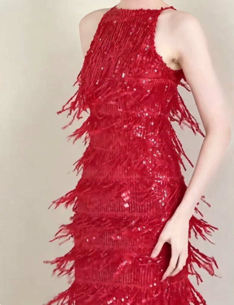Glittering Halter Neck Red Prom Dress Sequins Tassel Sheath Evening Dress GG6320