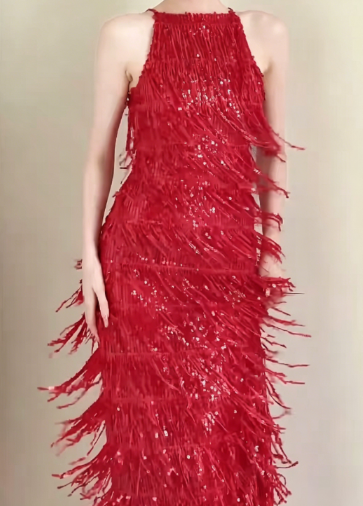 Glittering Halter Neck Red Prom Dress Sequins Tassel Sheath Evening Dress GG6320