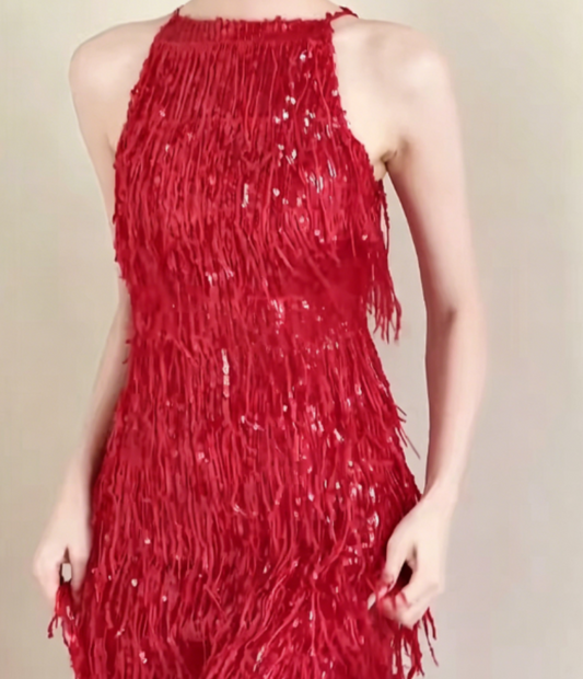 Glittering Halter Neck Red Prom Dress Sequins Tassel Sheath Evening Dress GG6320