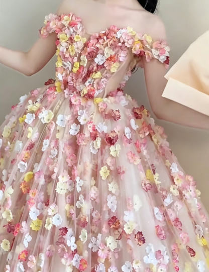 Chic Off-Shoulder Pastel Pink Prom Dress 3D Appliques Beads A-Line Evening Dress GG6321