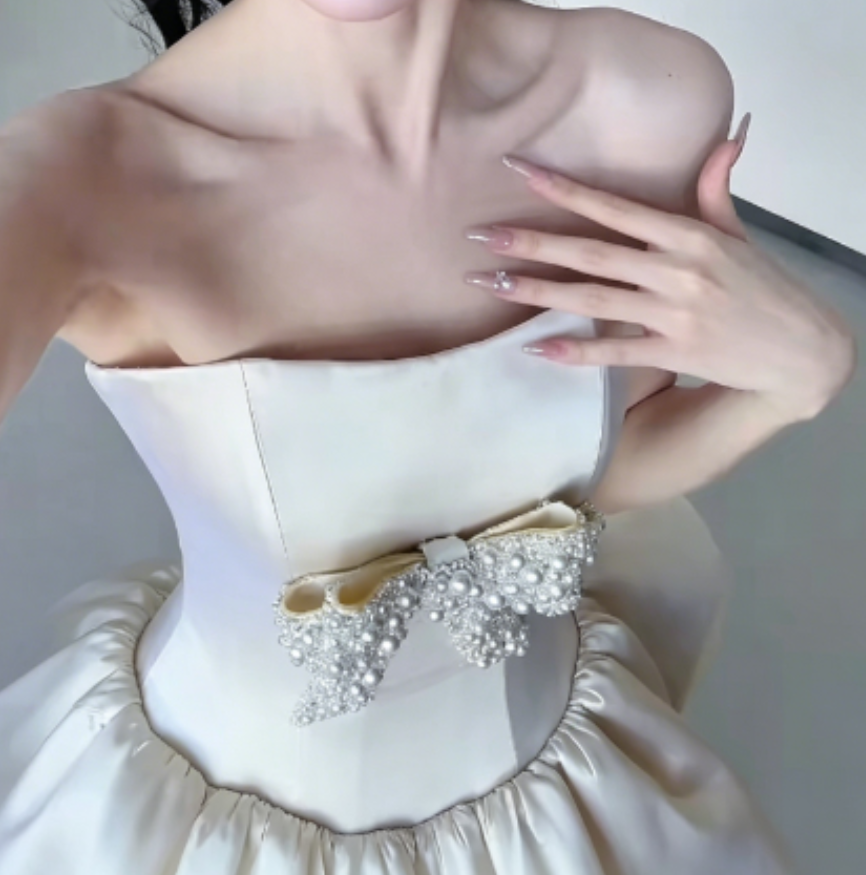 Luxury Strapless Homecoming Dress Pastel Yellow Birthday Outfit  Beaded Bow Party Dress GG6322