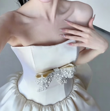 Luxury Strapless Homecoming Dress Pastel Yellow Birthday Outfit  Beaded Bow Party Dress GG6322