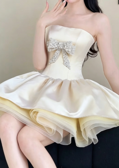 Luxury Strapless Homecoming Dress Pastel Yellow Birthday Outfit  Beaded Bow Party Dress GG6322