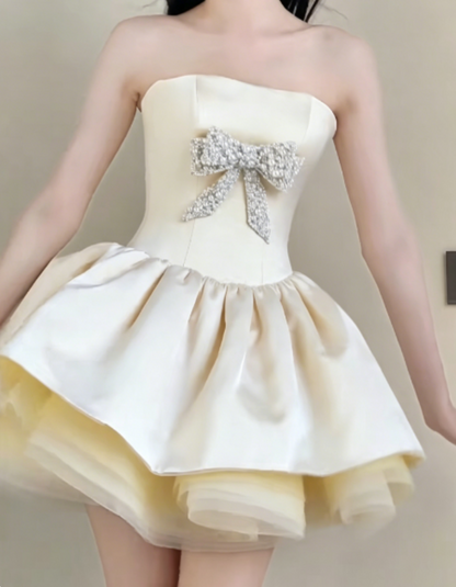 Luxury Strapless Homecoming Dress Pastel Yellow Birthday Outfit  Beaded Bow Party Dress GG6322