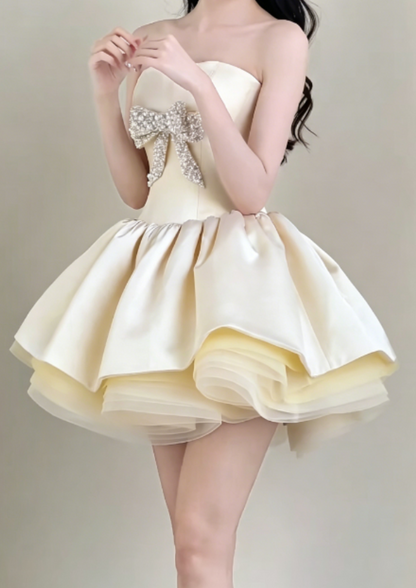 Luxury Strapless Homecoming Dress Pastel Yellow Birthday Outfit  Beaded Bow Party Dress GG6322
