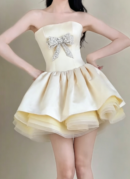 Luxury Strapless Homecoming Dress Pastel Yellow Birthday Outfit  Beaded Bow Party Dress GG6322