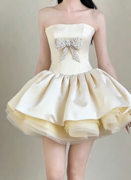 Luxury Strapless Homecoming Dress Pastel Yellow Birthday Outfit  Beaded Bow Party Dress GG6322