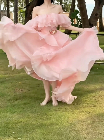 Lovely Off-Shoulder Pink Prom Dress Ruffles A-Line Evening Dress GG6325