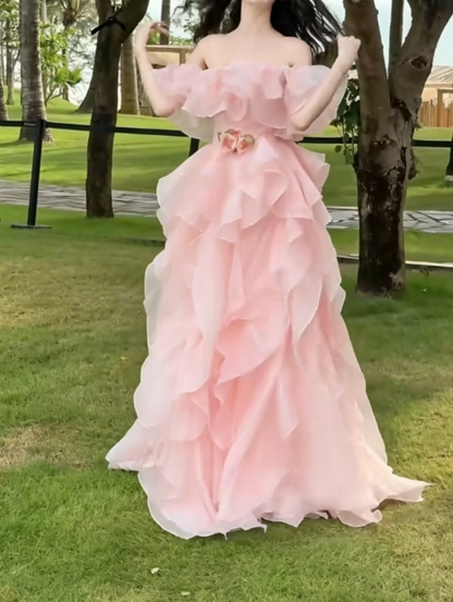 Lovely Off-Shoulder Pink Prom Dress Ruffles A-Line Evening Dress GG6325