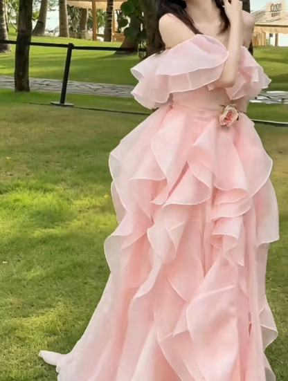 Lovely Off-Shoulder Pink Prom Dress Ruffles A-Line Evening Dress GG6325