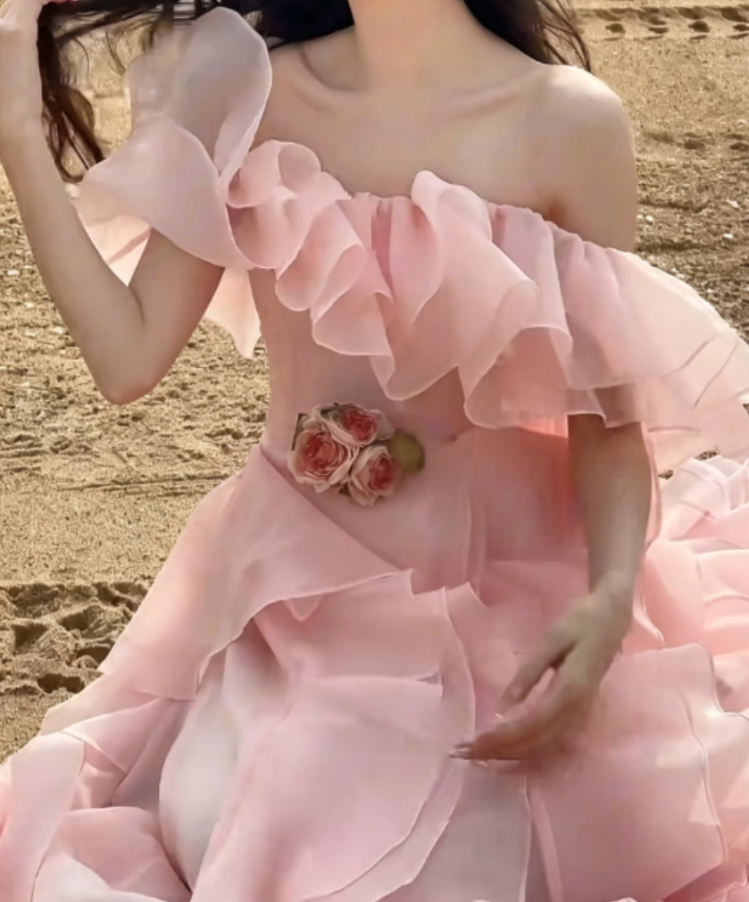 Lovely Off-Shoulder Pink Prom Dress Ruffles A-Line Evening Dress GG6325