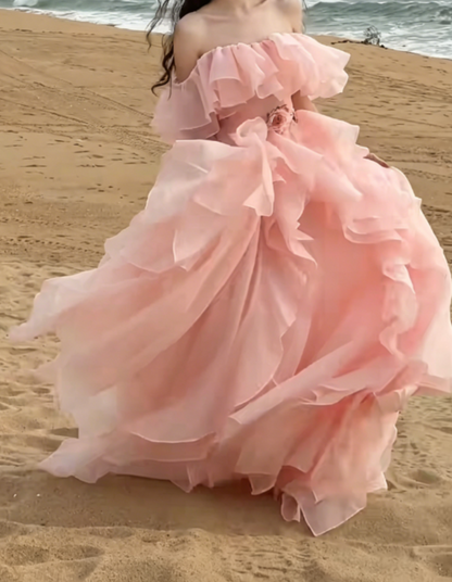 Lovely Off-Shoulder Pink Prom Dress Ruffles A-Line Evening Dress GG6325