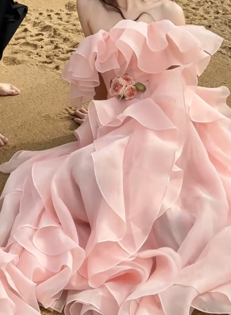 Lovely Off-Shoulder Pink Prom Dress Ruffles A-Line Evening Dress GG6325