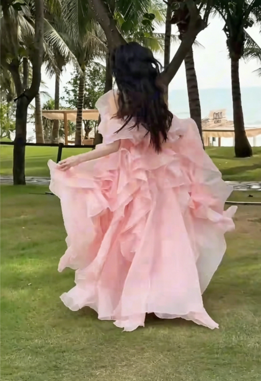 Lovely Off-Shoulder Pink Prom Dress Ruffles A-Line Evening Dress GG6325