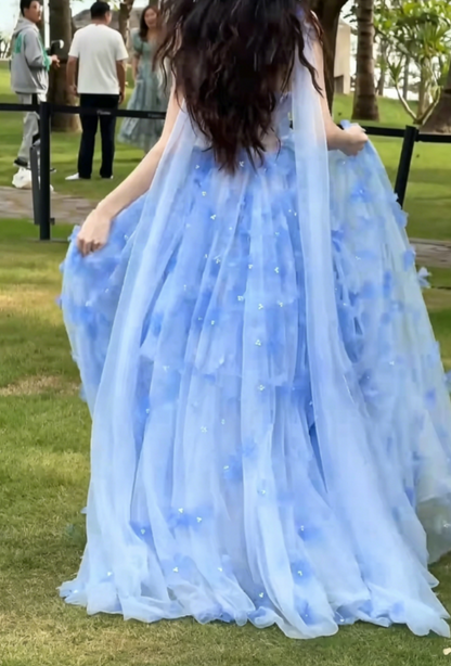 Charming Strapless Blue Prom Dress With Scarf Appliques Beads A-Line Evening Dress GG6326