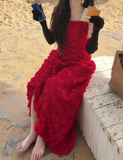Sexy Strapless Red Prom Dress Floral A-Line Evening Dress GG6328
