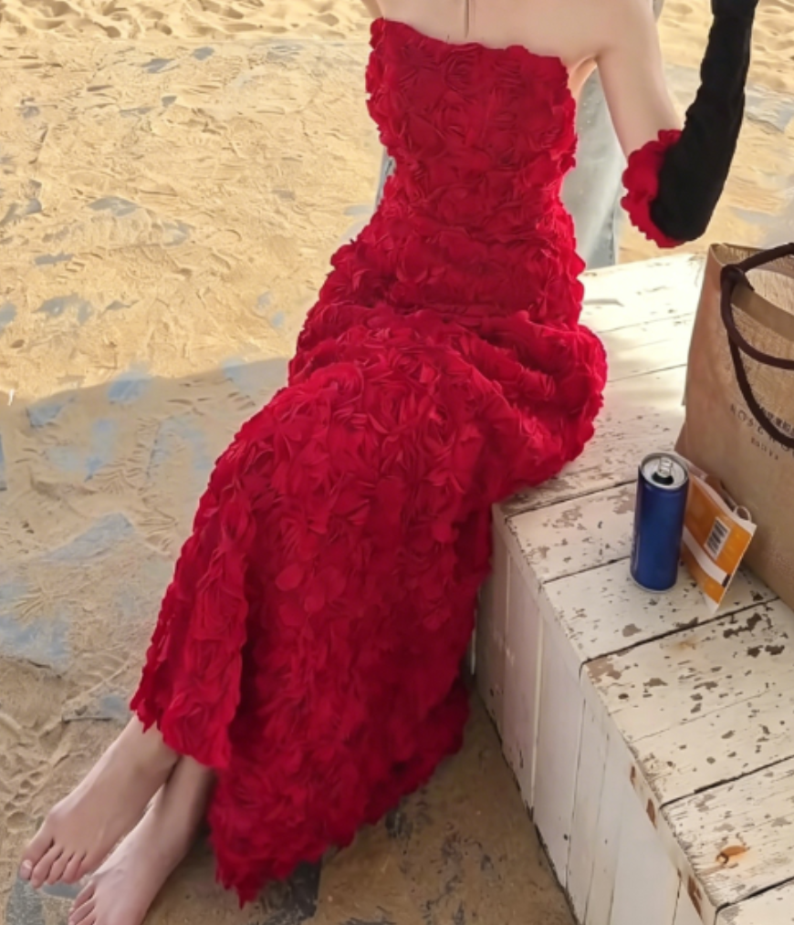 Sexy Strapless Red Prom Dress Floral A-Line Evening Dress GG6328