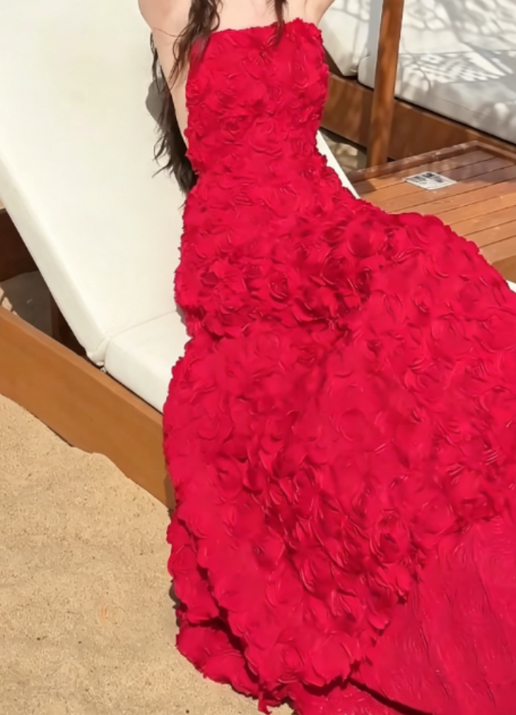 Sexy Strapless Red Prom Dress Floral A-Line Evening Dress GG6328