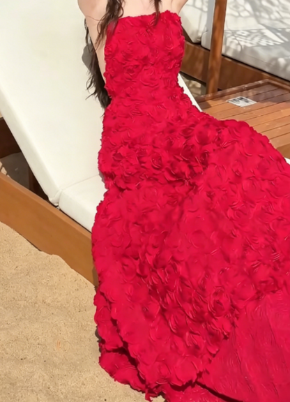 Sexy Strapless Red Prom Dress Floral A-Line Evening Dress GG6328