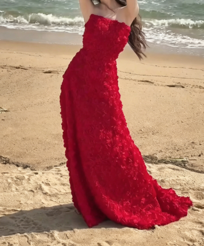 Sexy Strapless Red Prom Dress Floral A-Line Evening Dress GG6328