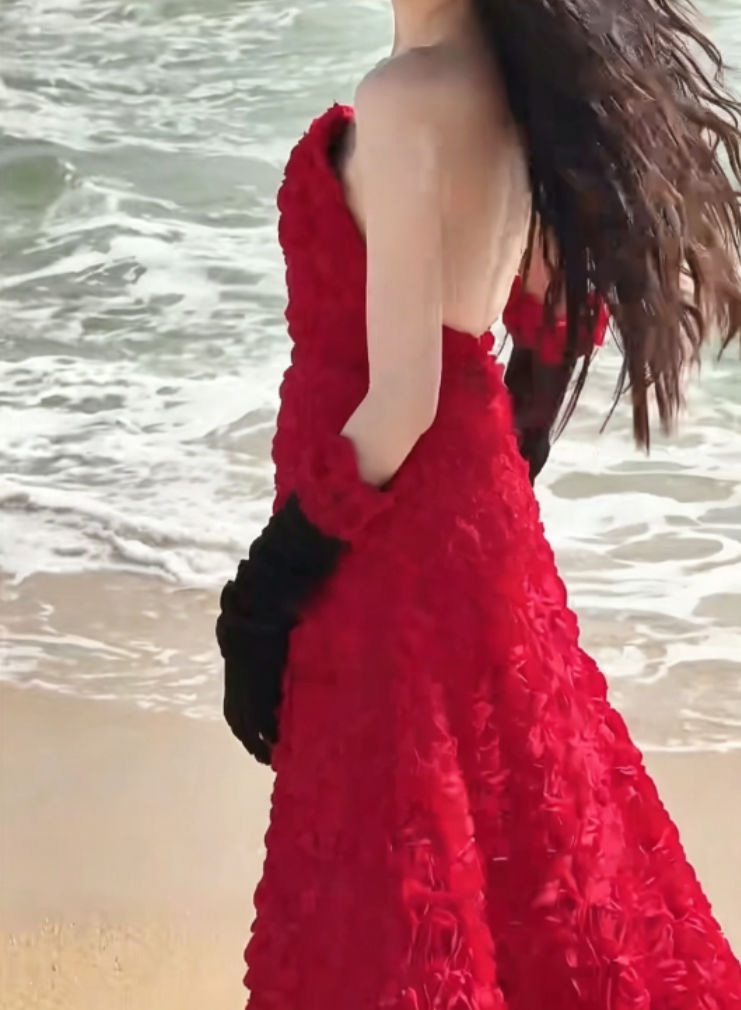 Sexy Strapless Red Prom Dress Floral A-Line Evening Dress GG6328